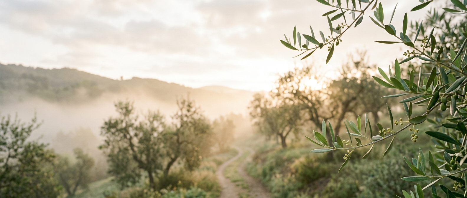 Paisaje de un olivar al amanecer con un camino de tierra serpenteante y un valle cubierto de niebla bajo una luz dorada, con ramas de olivo en primer plano